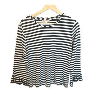 Brooks Brothers Women’s Navy White Striped Top Large Long Flare Eyelet Sleeves